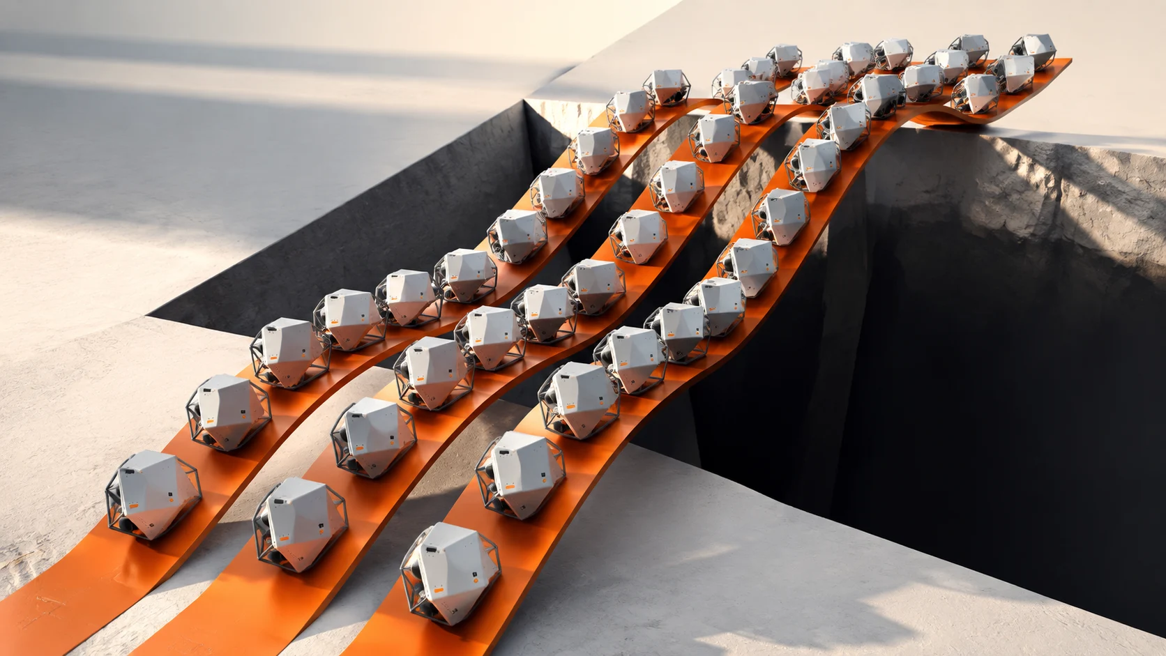 A community of silver cargo capsules crossing three orange transport lanes together.